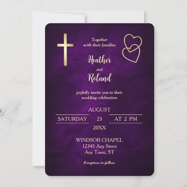 Invitation Purple Gold Hearts Christian Cross Mariage (Devant)