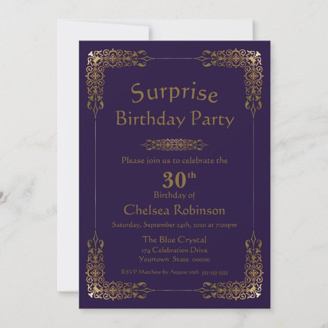 Invitation Purple Gold Lace Surprise 30e fête d'anniversaire (Devant)