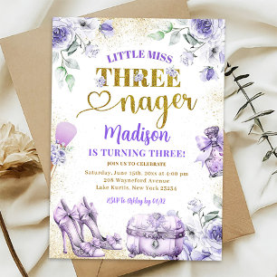 Invitation Purple Gold Little Miss Threenager Troisième anniv