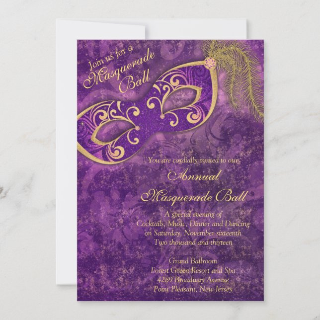 Invitation Purple Gold Masquerade Ball Mardi Gras (Devant)