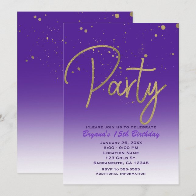 Invitation Purple & Gold Modern Glam Anniversaire de fête Chi (Devant / Derrière)