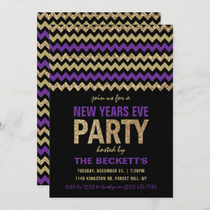 Invitation Purple & Gold Parties scintillant Chevron New Year