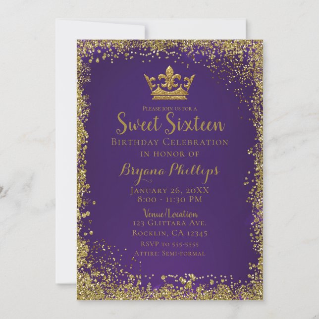 Invitation Purple & Gold Parties scintillant Couronne Sweet 1 (Devant)