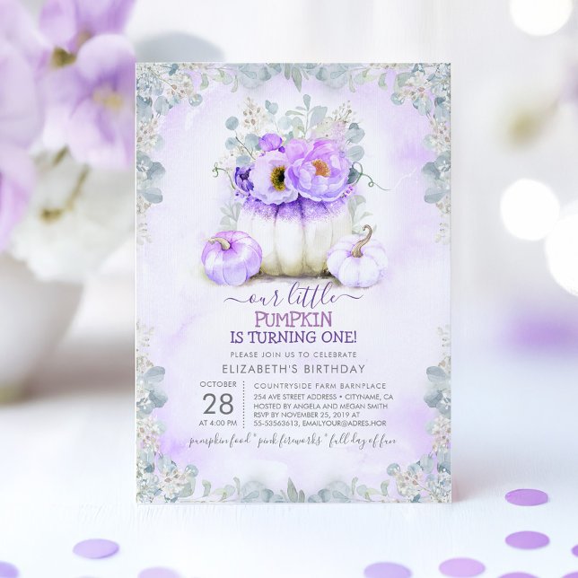 Invitation Purple Gold Parties scintillant Petit Citrouille A (Purple Pumpkins Kids Birthday Invitation)