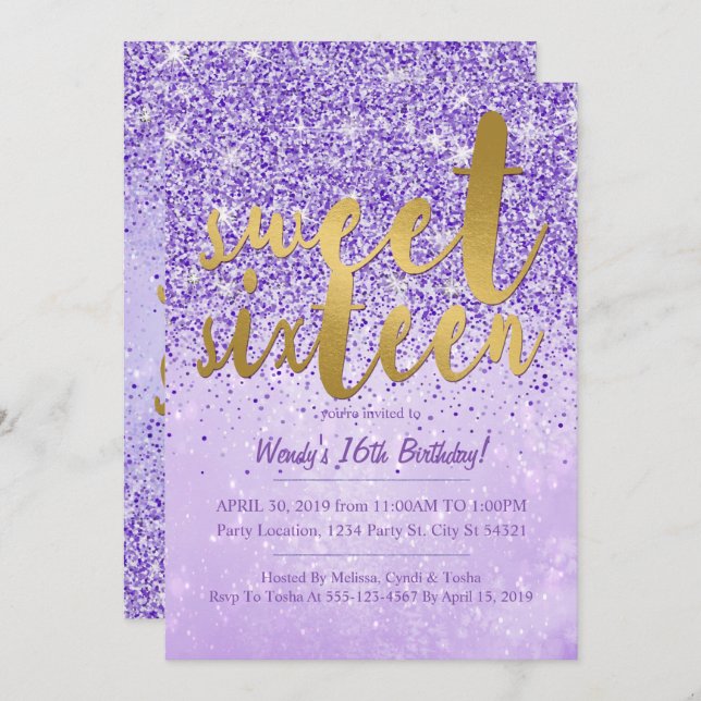 Invitation Purple & Gold Parties scintillant Sweet 16 Invitat (Devant / Derrière)