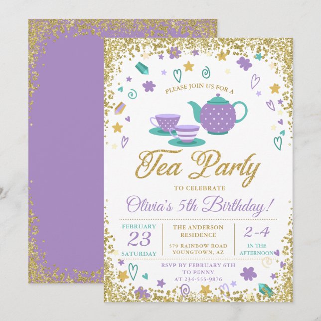 Invitation Purple Gold Parties scintillant Tea Party Filles A (Devant / Derrière)