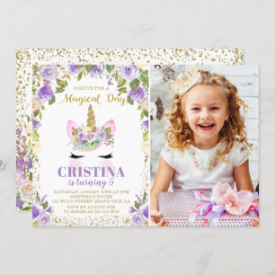 Invitation Purple Gold Parties scintillant Unicorn Floral Pho