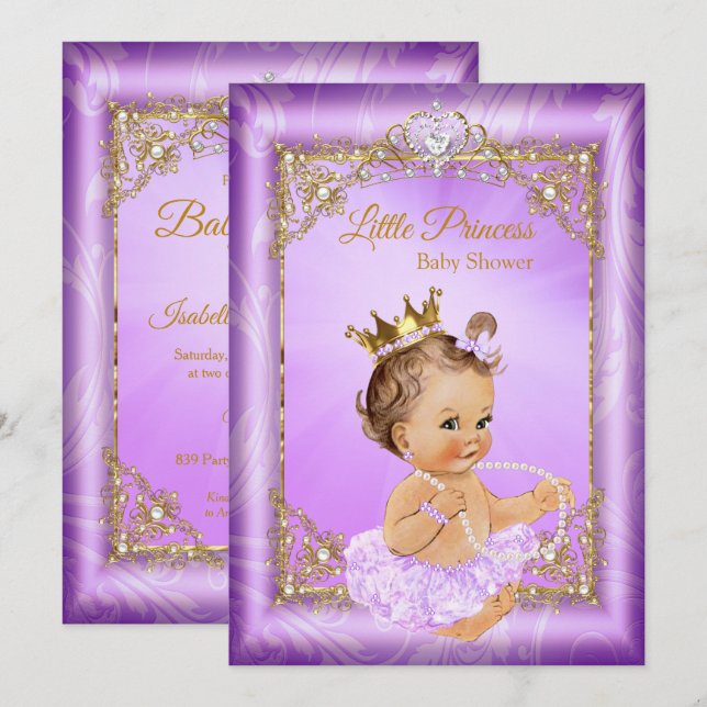 Invitation Purple Gold Princess Baby shower Girl (Devant / Derrière)