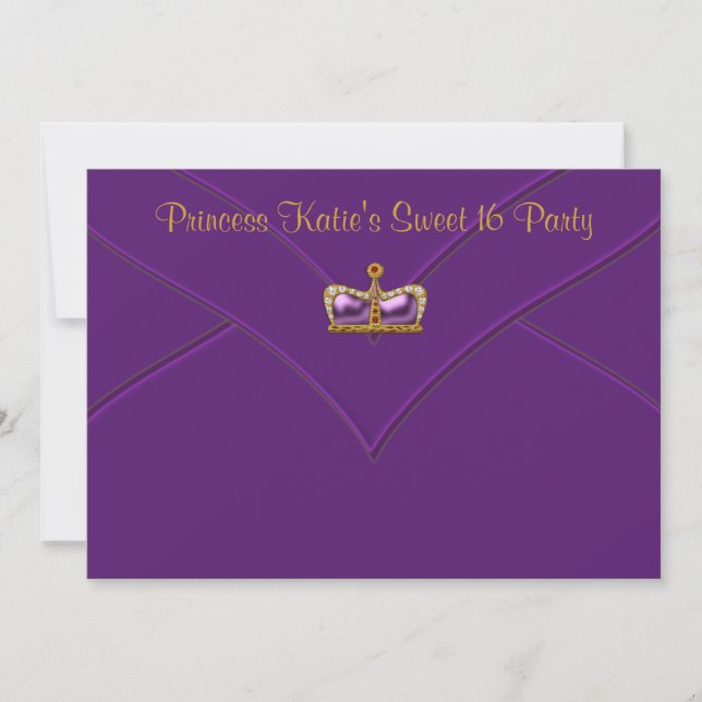 Invitation Purple Gold Princess Crown Sweet 16 Party (Devant)