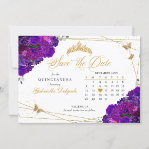 Invitation Purple & Gold Quinceañera Enregistrer La Date