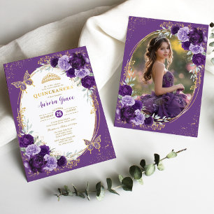 Invitation Purple Gold Quinceañera Flower Photo