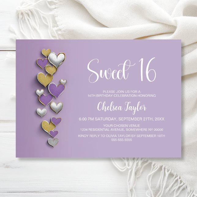 Invitation Purple Gold Silver Heart Theme Sweet 16 Birthday (Créateur téléchargé)