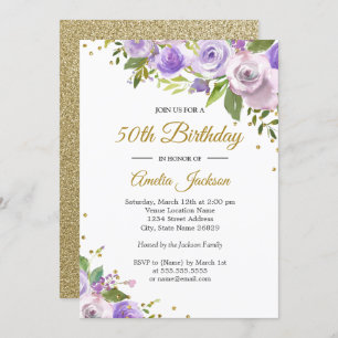 Invitation Purple Gold Sparkle Floral 50e anniversaire Invita