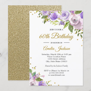 Invitation Purple Gold Sparkle Floral 60e anniversaire Invita