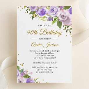 Invitation Purple Gold Sparkle Floral 90e anniversaire Invita