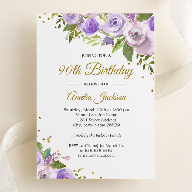 Invitation Purple Gold Sparkle Floral 90e anniversaire Invita (Créateur téléchargé)
