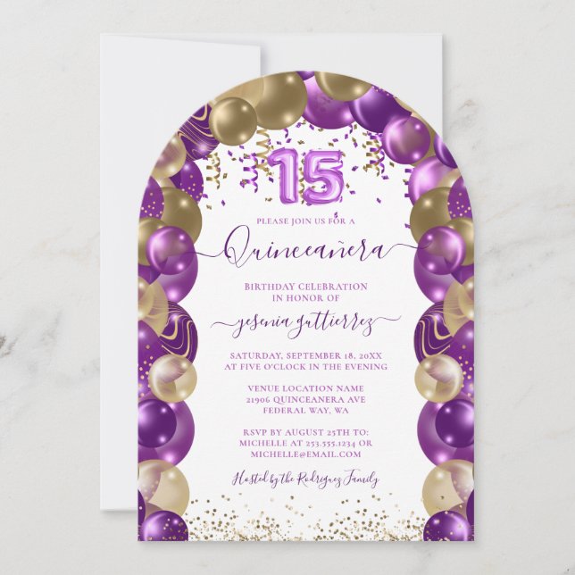 Invitation Purple Gold Sparkle Photo Quinceañera Balloon (Devant)