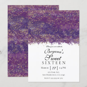Invitation Purple Gold Splatter Moderne Glam Sweet 16 Partie