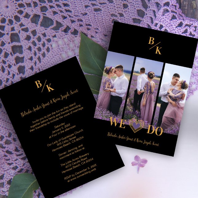 Invitation Purple & Gold Stylish Lace Vertical 3 Multi Photos (Purple & Gold Stylish Lace Vertical 3 Multi Photos Collage for Wedding.)