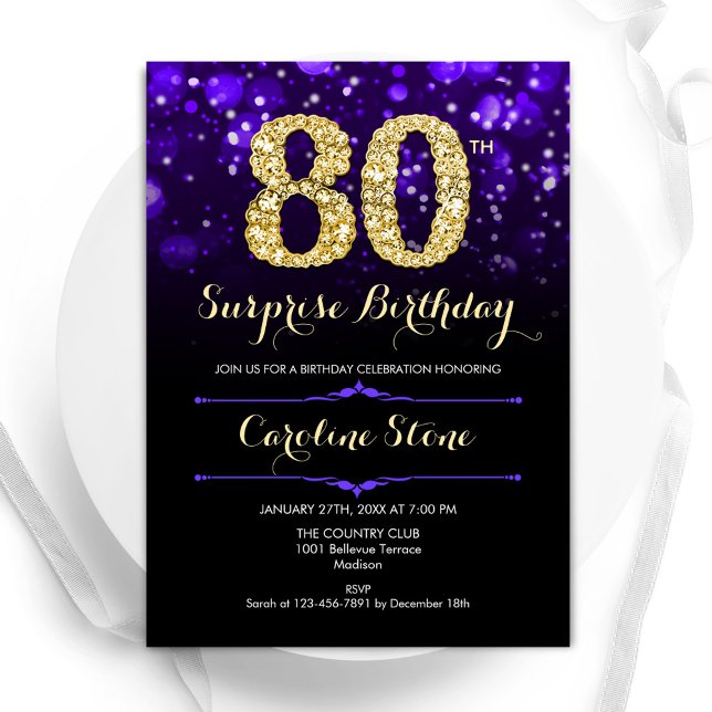 Invitation Purple Gold Surprise 80e anniversaire (Créateur téléchargé)