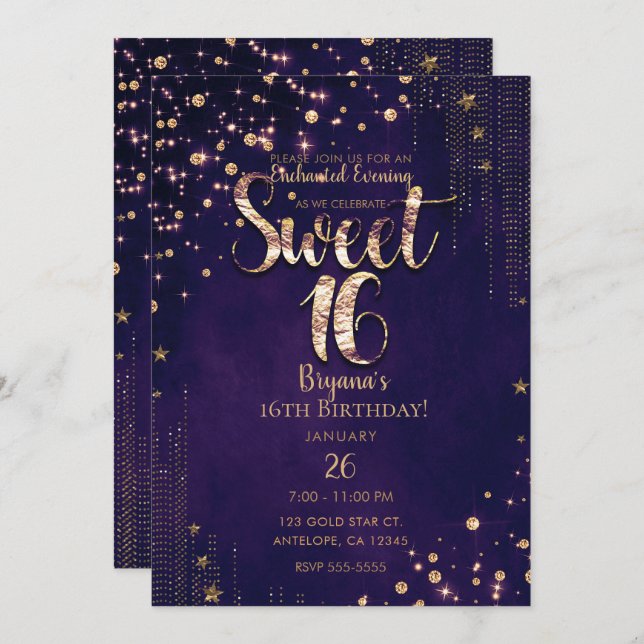 Invitation Purple & Gold Sweet 16 Star Whimsical (Devant / Derrière)