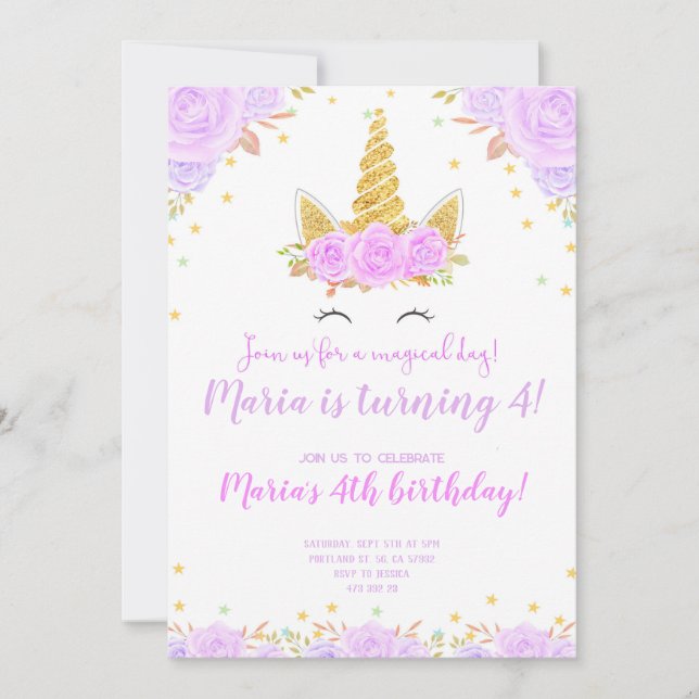 Invitation Purple Gold Unicorn visage Floral Anniversaire de  (Devant)