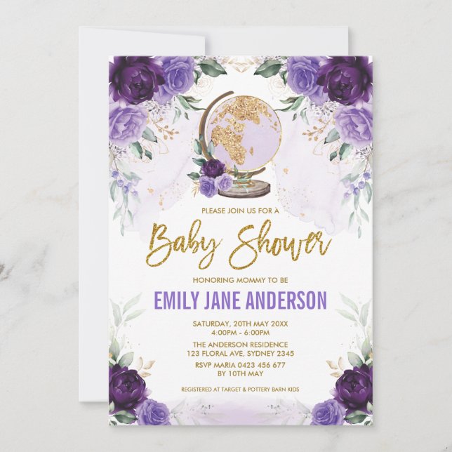 Invitation Purple Gold Voyage Baby shower Floral Aventure (Devant)