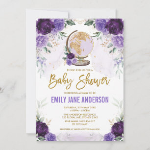 Invitation Purple Gold Voyage Baby shower Floral Aventure