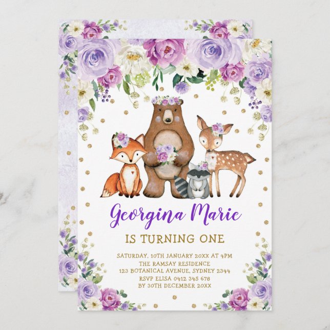 Invitation Purple Gold Woodland Forest Girl Floral Anniversai (Devant / Derrière)