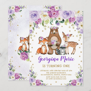 Invitation Purple Gold Woodland Forest Girl Floral Anniversai