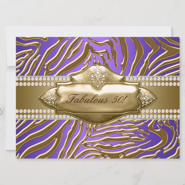 Invitation Purple Gold Zebra Womans 50e fête d'anniversaire (Devant)