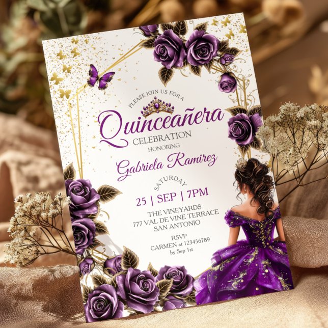 Invitation Purple Golden Tiara Roses Butterfly Quinceañera (Créateur téléchargé)