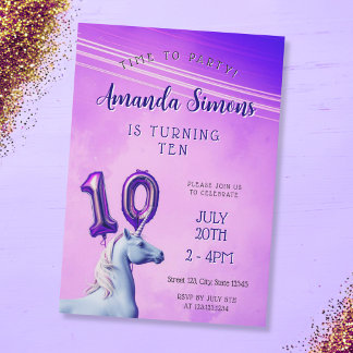 Invitation Purple Gradient Unicorn Balloon Girl 10th Birthday