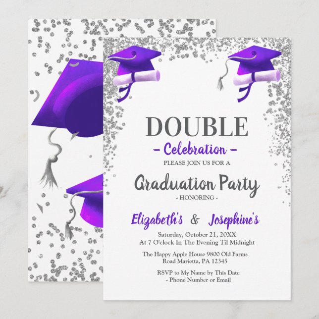 Invitation Purple Gray double Celebration Graduation Party  (Devant / Derrière)