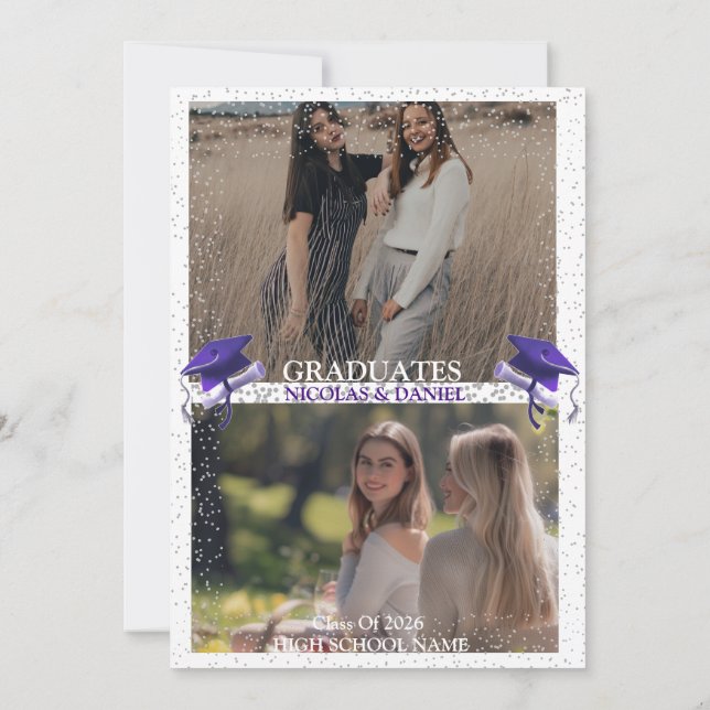 Invitation Purple Gray double Graduation Party 2 photo (Dos)