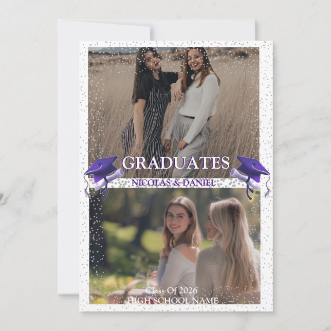 Invitation Purple Gray double Graduation Party 2 photo (Dos)