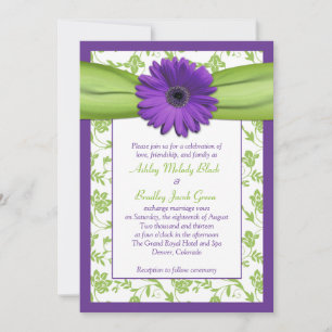 Invitation Purple Green Daisy Mariage damassé