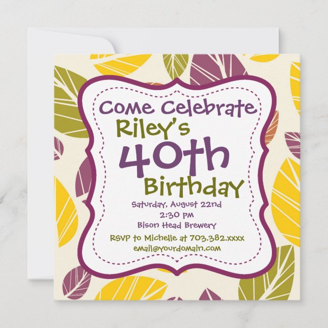 Invitation Purple Green Feuilles 40e anniversaire de fête Inv (Devant)