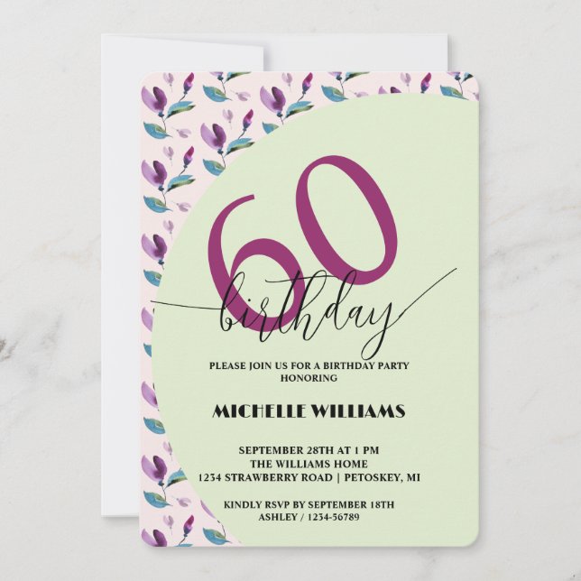 Invitation Purple Green Floral Watercolor Birthday (Devant)