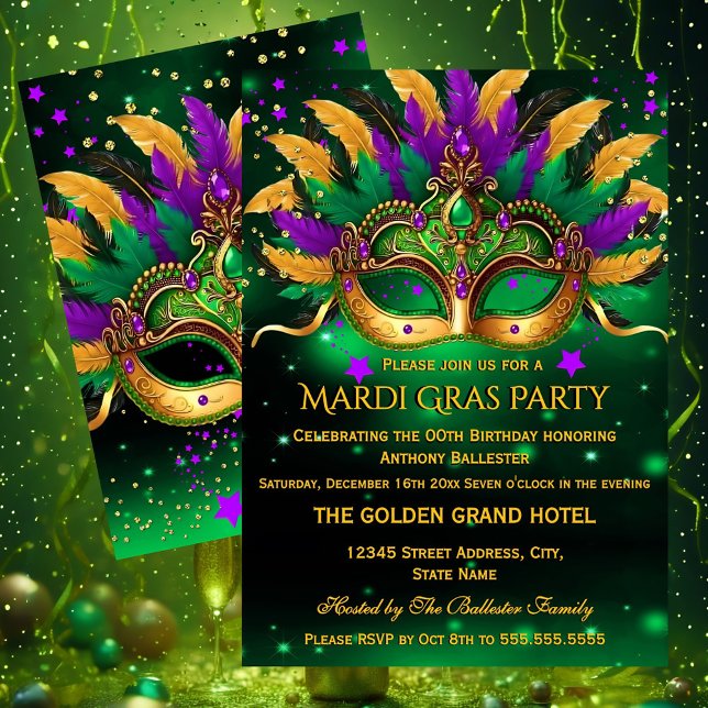 Invitation Purple Green Gold Masks Mardi Gras Birthday Party (Créateur téléchargé)