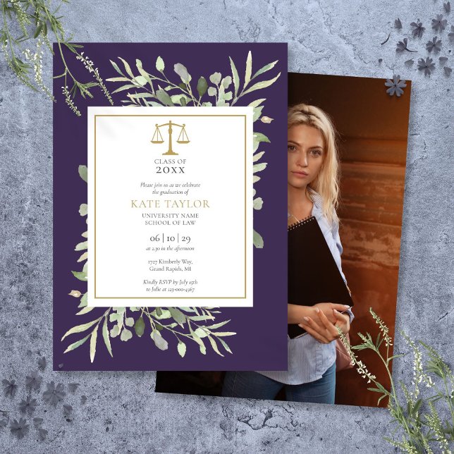 Invitation Purple Green Law School Graduation (Purple Greenery Law School Graduation Photo Invitation)