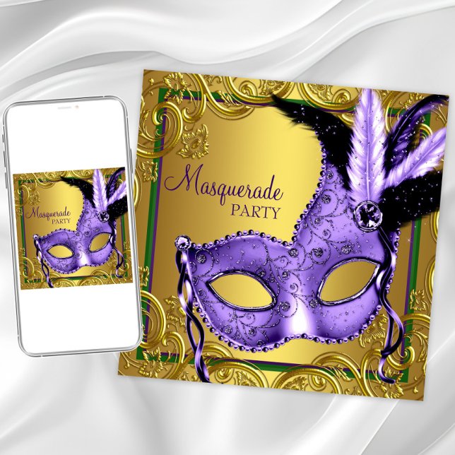 Invitation Purple Green Mardi Gras Masquerade Party (Any occasion masquerade party invitation. Perfect for Mardi Gras theme prom or party.)