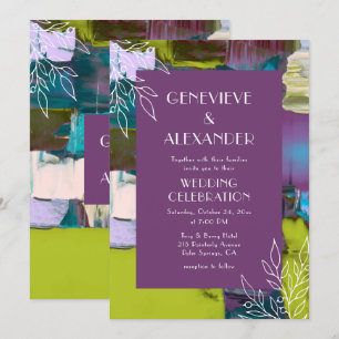 Invitation Purple Green Peint Abstrait Floral Mariage