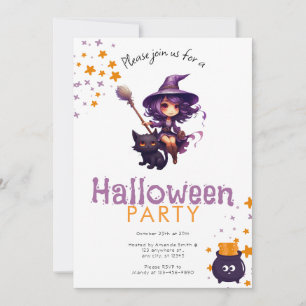 Invitation Purple Haired Witch et Black Cat Halloween Party