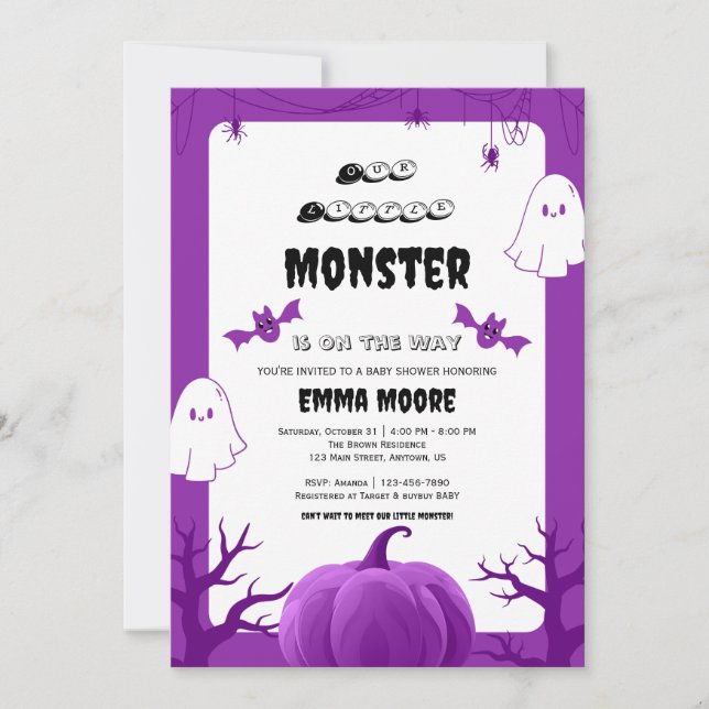 Invitation Purple Halloween Monster Baby Shower Design (Devant)