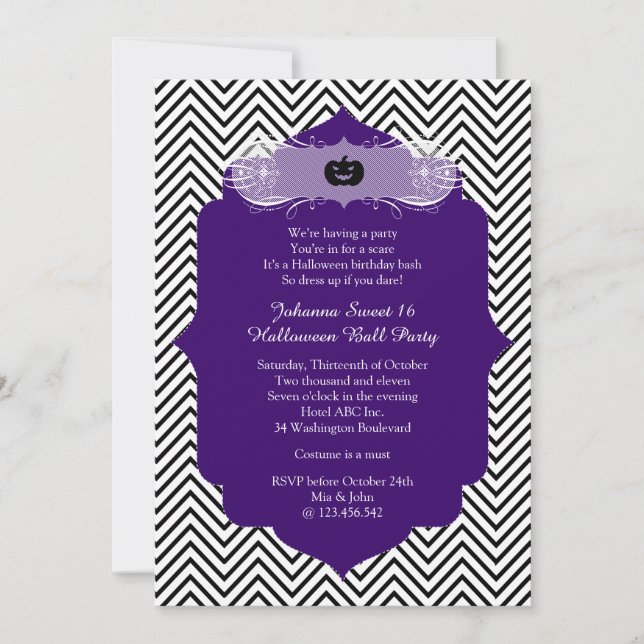Invitation Purple Halloween Sweet 16 Ball Costume Party (Devant)