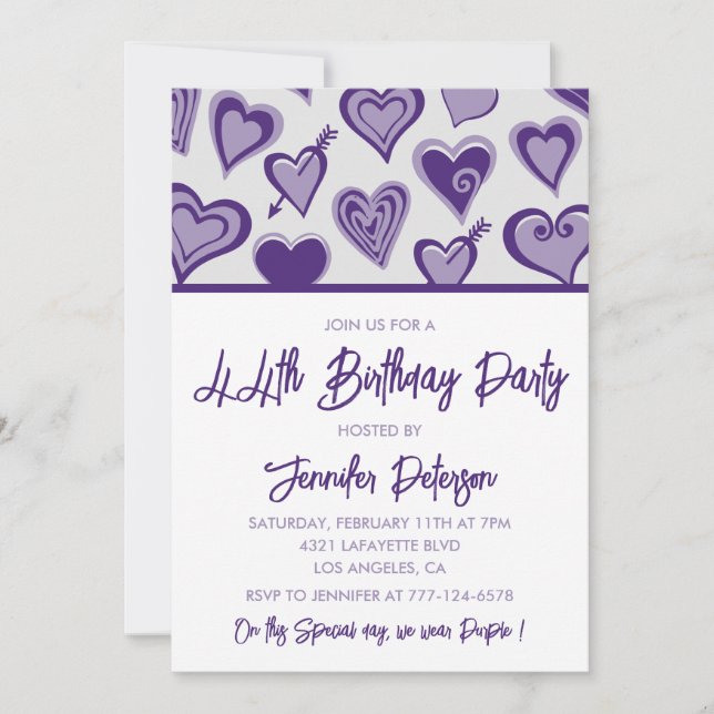 Invitation Purple Hearts  Soirée Fille 44e anniversaire (Devant)