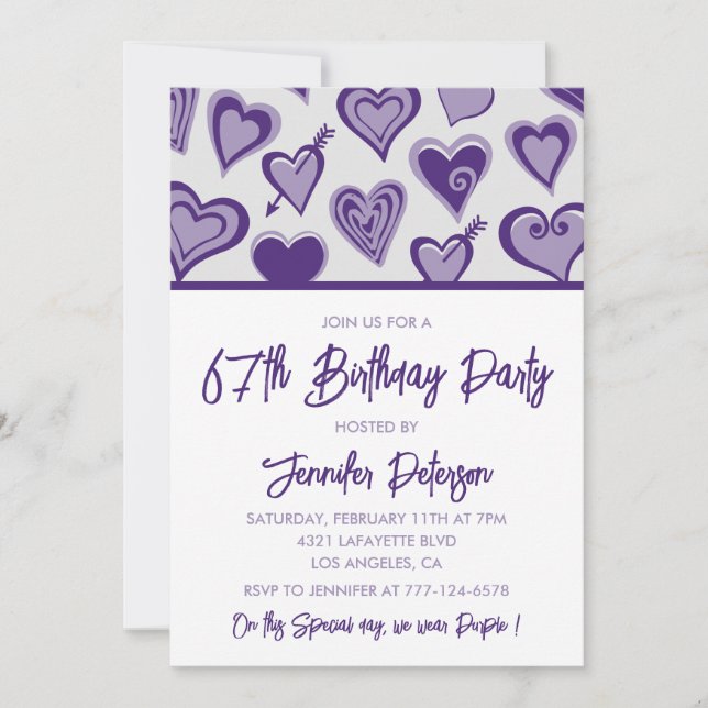 Invitation Purple Hearts  Soirée Fille 67e anniversaire (Devant)