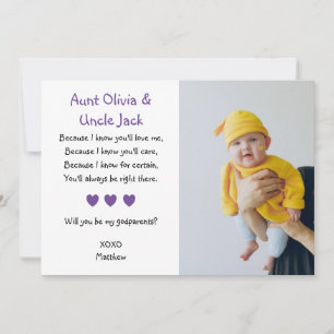 Invitation Purple Hearts Will You Be My Godparents with Photo