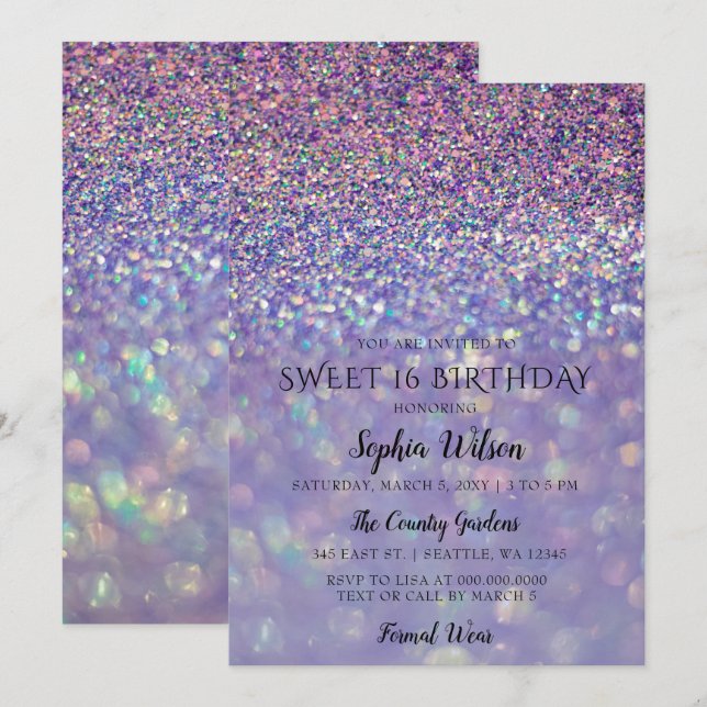 Invitation Purple Hologramme Parties scintillant Sweet 16 ann (Devant / Derrière)